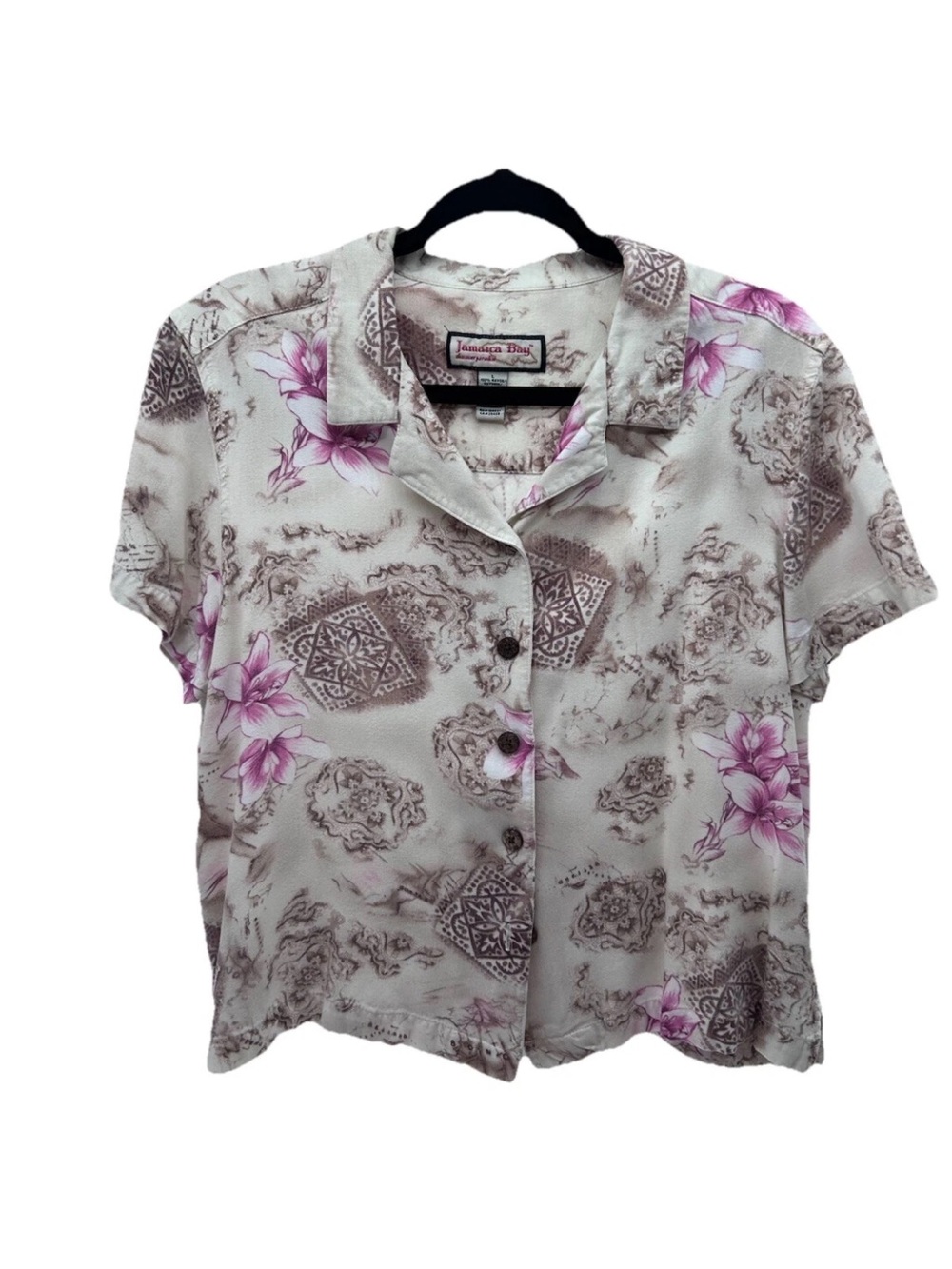 Jamaica Bay Cream Short-Sleeve Button-Down Shirt with Pink Floral Print